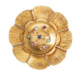 Brosche 1950/60er Jahre, stilisierte BLÜTE, GG 585/000, zentral 2 Diamanten/Brillanten weiß u. ...