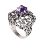 Ring, VINTAGE BRUTALIST, Silber 925/000, 5-eckiger, pyramidenförmiger Amethyst, durchbrochen ...