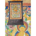 Antike Tibetische THANKA, BUDDHAS VERSUCHUG, Seide handbemalt und bestickt, ca. 120,0 x 72,0 cm