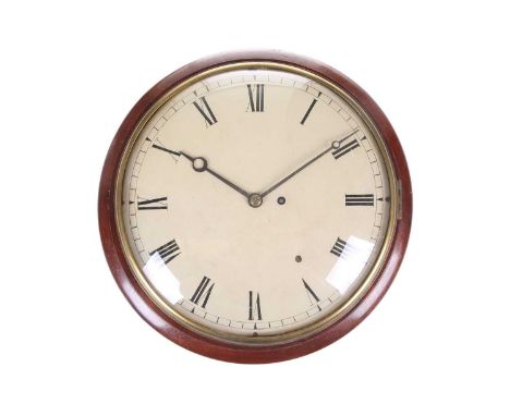 An early 19th century mahogany wall clock, the painted circular dial with Roman numerals within a moulded frame, brass four p