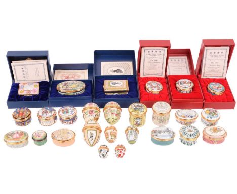 A collection of Halcyon Days enamel boxes, including Christmas boxes for 1989, 1990, 1993, 1994, 1995 and 1996, limited editi