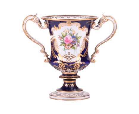 A Royal Crown Derby bone China bleu de roi loving cup painted with a posy of summer flowers by Cuthbert Gresley on a moulded 