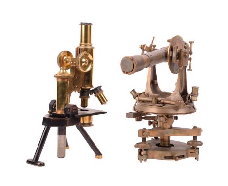 A Stanley's Patent brass theodolite, 30 cm high, no case, and a J.Swift &amp; Son, London, lacquered and blacked brass monocu