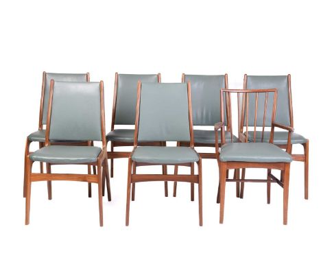 A set of six "Mid Century Vintage" teak model 89 dining chairs designed by Erik Buch, with possibly original green leatherett