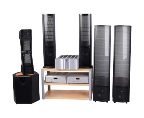 A Martin Logan theatre audio system including a pair of ESL "Summit" speakers 32 cm wide x 150 cm overall height, a pair of "