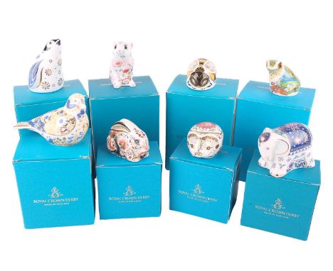 A group of eight boxed Royal Crown Derby Collectors Guild paperweights including Bumblebee, Snowflake, Red-eyed tree Frog, Bl