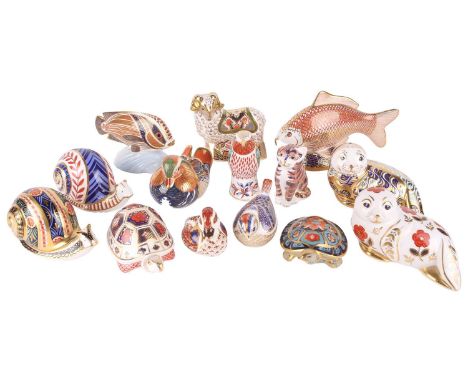 A collection of Royal Crown Derby bone china paperweights including Tortoise (SS), Crucian Carp (GS) Garden Snail ltd ed 1167