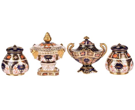 A Royal Crown Derby "Old Imari"two matching bone china heavy baluster potpourri with pierced domed covers bearing date marks 