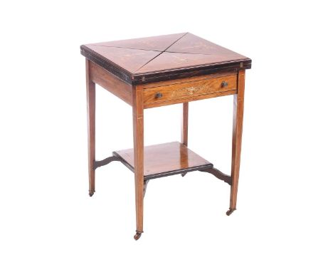 An Edwardian inlaid rosewood envelope card table, the square top inlaid in ivorine and boxwood depicting floral scrolls and u