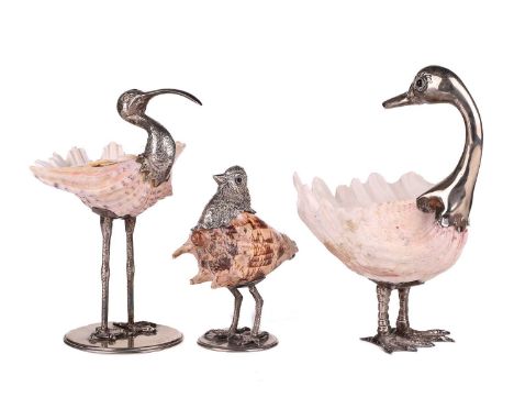 Gabriella Binazzi (20th century) Italian, three birds formed from silver plate and seashells, the largest 22 cm high, each wi