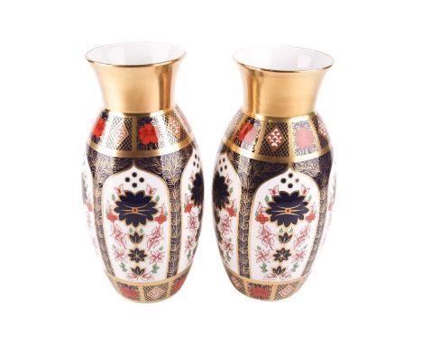 A pair of large boxed Royal Crown Derby "Old Imari" pattern ovoid vases both bearing date marks for 2013, 28 cm (overall heig