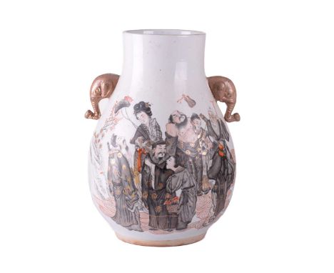 A Chinese porcelain heavy baluster vase, painted with the Eight Immortals in extended en grisaille enamels with iron red acce