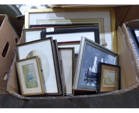 Two watercolour drawings, a framed share certificate, a strut mirror and other pictures