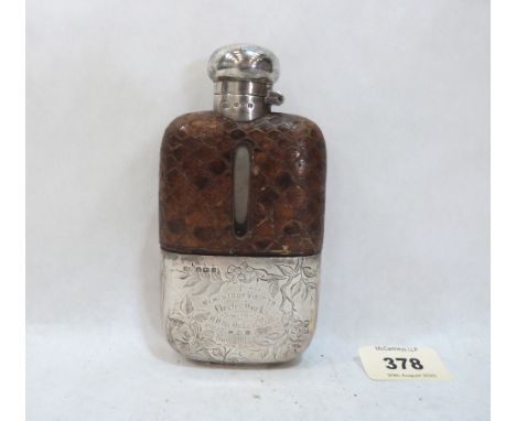 A Victorian silver and crocodile skin glass hunting flask. Sheffield 1891 engraved as a momento of a visitation by H.H. Duke 