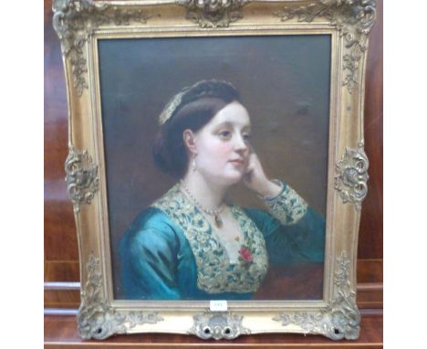 ENGLISH SCHOOL. 19TH CENTURY Portrait of a young lady in a lace trimmed blue satin dress. Oil on canvas 24' x 20'