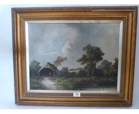 R. PERRY. BRITISH 19TH/20TH CENTURY Pastoral landscape with barn and figure. Signed. Oil on canvas 16' x 20'