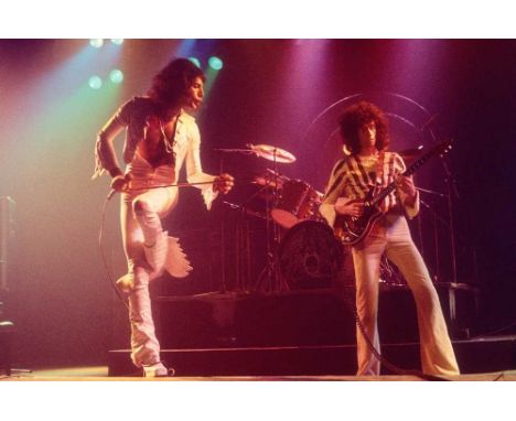 A high-quality photo print depicting Freddie Mercury and Queen, taken by photographer Martyn Goddard in 1976. The photo depic