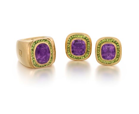 AMETHYST-PERIDOT-SET: RING UND OHRSTECKER. Herkunft: Deutschland. Datierung: 2005. Material: 750/- Roségold, Punze. Gesamtgew