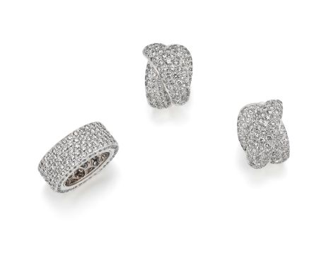 DIAMANT-SET: RING UND OHRSTECKCLIPS. Herkunft: Wohl Italien. Datierung: Um 2000. Material: 750/- Weißgold, Punze. Gesamtgewic