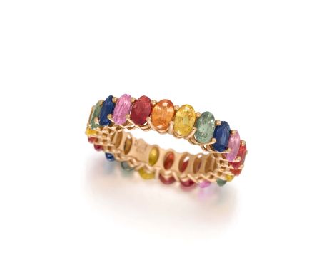 TUTTI FRUTTI-SAPHIR-RING. Herkunft: Deutschland. Datierung: Um 2020. Material: 750/- Roségold, Punze. Gesamtgewicht: ca. 5,5 