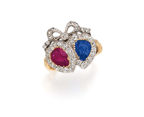 FARBSTEIN-DIAMANT-RING. Datierung: Um 1880. Material: 585/- Gelbgold, Silber, getestet. Gesamtgewicht: ca. 6,5 g. EU-RM: 53. 