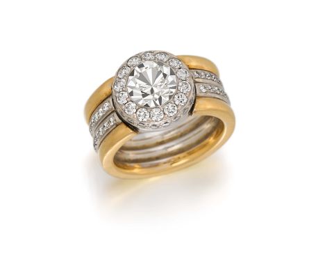 DIAMANT-RING. Herkunft: Deutschland. Datierung: Um 1990. Material: 750/- Gelb-, Weißgold, Punze. Gesamtgewicht: ca. 22,5 g. E