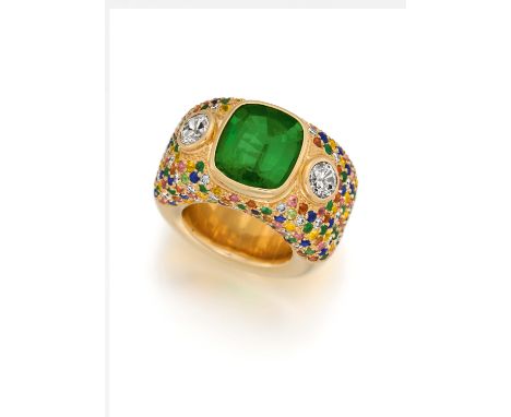 TURMALIN-FARBSTEIN-RING. Material: 750/- Gelbgold, getestet. Gesamtgewicht: ca. 81,0 g. EU-RM: 63. Diamanten: 2 Brillanten zu