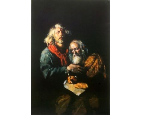 Robert Lenkiewicz, Self Portrait with Self Portrait at Ninety, signed, print No468/585, mounted 81cm x 55cm