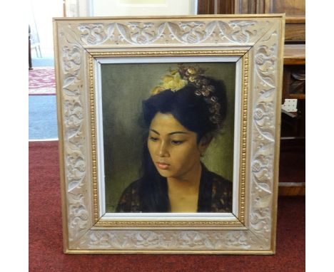 A 20th Century oil on canvas, portrait, Balinese Woman, indistinctly signed, 34cm x 30cm.