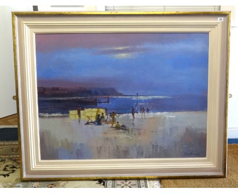 Tina Morgan, 'Figures on the beach' oil on canvas, 100cm x 76cm.