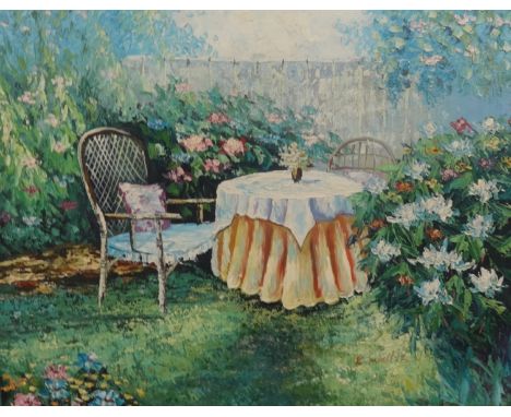 K Wallis, oil on canvas 'Garden scene', 39cm x 50cm.