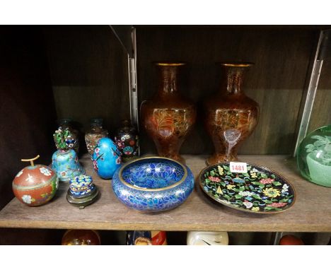 A small collection of Chinese and Japanese enamel, largest 20.5cm high. (11) 