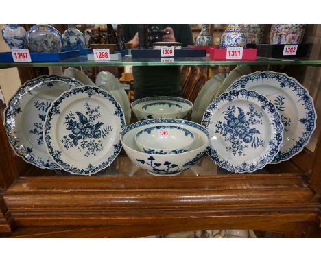 A collection of Worcester first period porcelain, comprising: a 'Precipice' pattern painted bowl, 23.5cm diameter; two pairs 