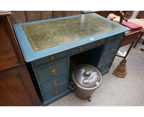 A blue painted pedestal desk,&nbsp;107cm wide.&nbsp; 