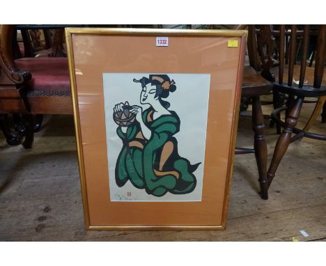 Japanese School,&nbsp;20th century, a kneeling lady, indistinctly signed, woodblock print, 40 x 29cm. 