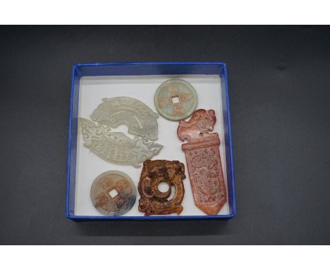 A small collection of Chinese carved jade and hardstone items, largest 12cm long. (6)&nbsp;&nbsp; 