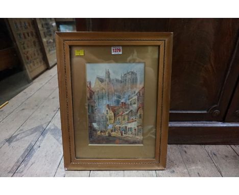 E Nevil, 'Abbeville', signed and titled, watercolour, 27 x 18.5cm; together with a colour print of 'Lindisfarne Priory', by N