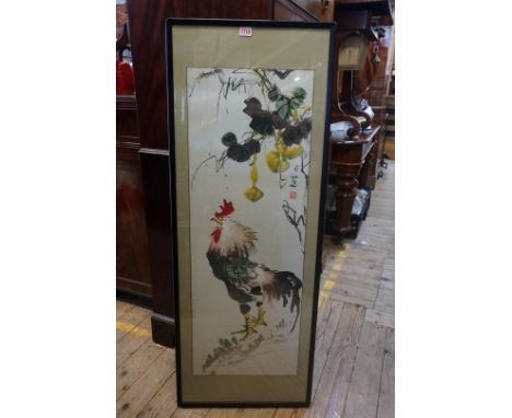 Chinese School, a cockerel and flowering branch, inscribed with seal, watercolour, 96 x 34cm. 