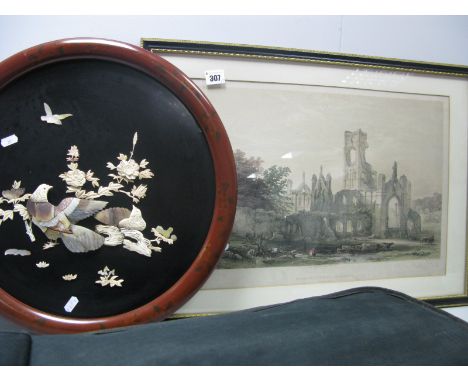 A Japanese Lacquered Circular Wall Plaque, circa 1900, featuring birds and foliage in mother of pearl and bone, 45.5cm overal