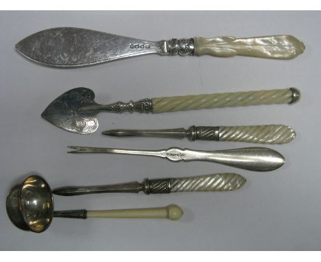 A Small Ladle, with tapering handle; together with a decorative utensil, of spade shape with twisted handle, a mother of pear