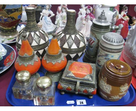 Lipped Steins, inkwells, stoneware caddy etc:- One Tray
