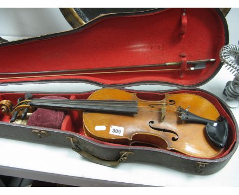 An Early XX Century Violin, two piece back, no internal label, length 37cm, (including button), cased with bow.