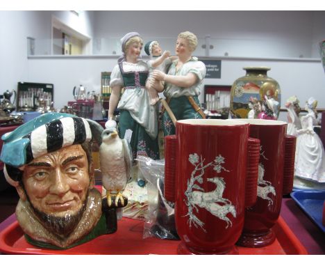 Continental Bisque Figure Group, pair Devon Fieldings vases, Doulton 'The Falconer' character jug D6533, Moorcroft vase (badl