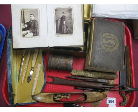 Wool Looms, Early XIX  Century Folding Comb, (French) four piece stationary case, photo album etc:- One Tray