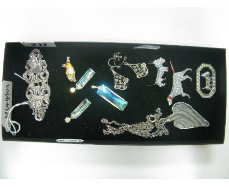 A "Duette" Style Dress Clip Brooch, set with marcasites, stamped "925" with London import mark; a "Druzy" pendant suspended f