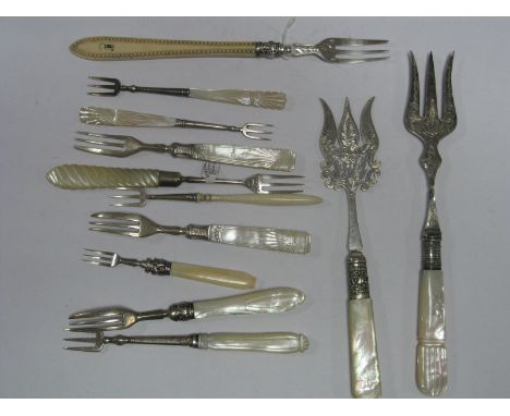 A Collection of Assorted Hallmarked Silver and Other Mother of Pearl Handled Forks, including pickle, bread, cake, etc.