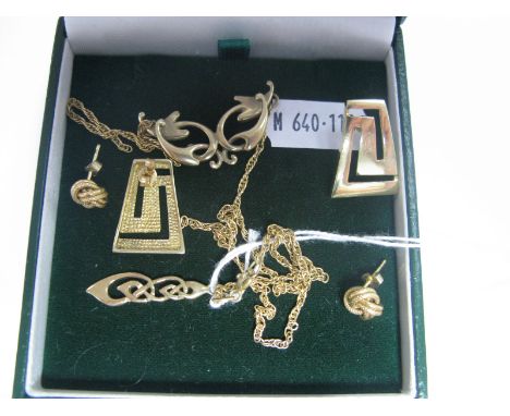 A Selection of Jewellery, including 9ct Gold, comprising earrings, a broken chain necklace and a celtic style pendant. (4)