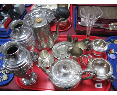 A Pair of Chrome Urns, three piece plated tea service, other plated ware:- One Tray