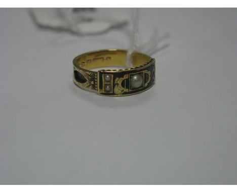 A Victorian 15ct Gold Pearl Set Mourning Ring, highlighted in black enamel, chased shank with vacant hair compartments, Chest