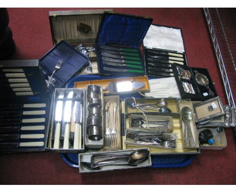 A Mixed Lot of Assorted Plated Cutlery, including cake forks, fish knives and forks, teaspoons and matching tea strainer, box